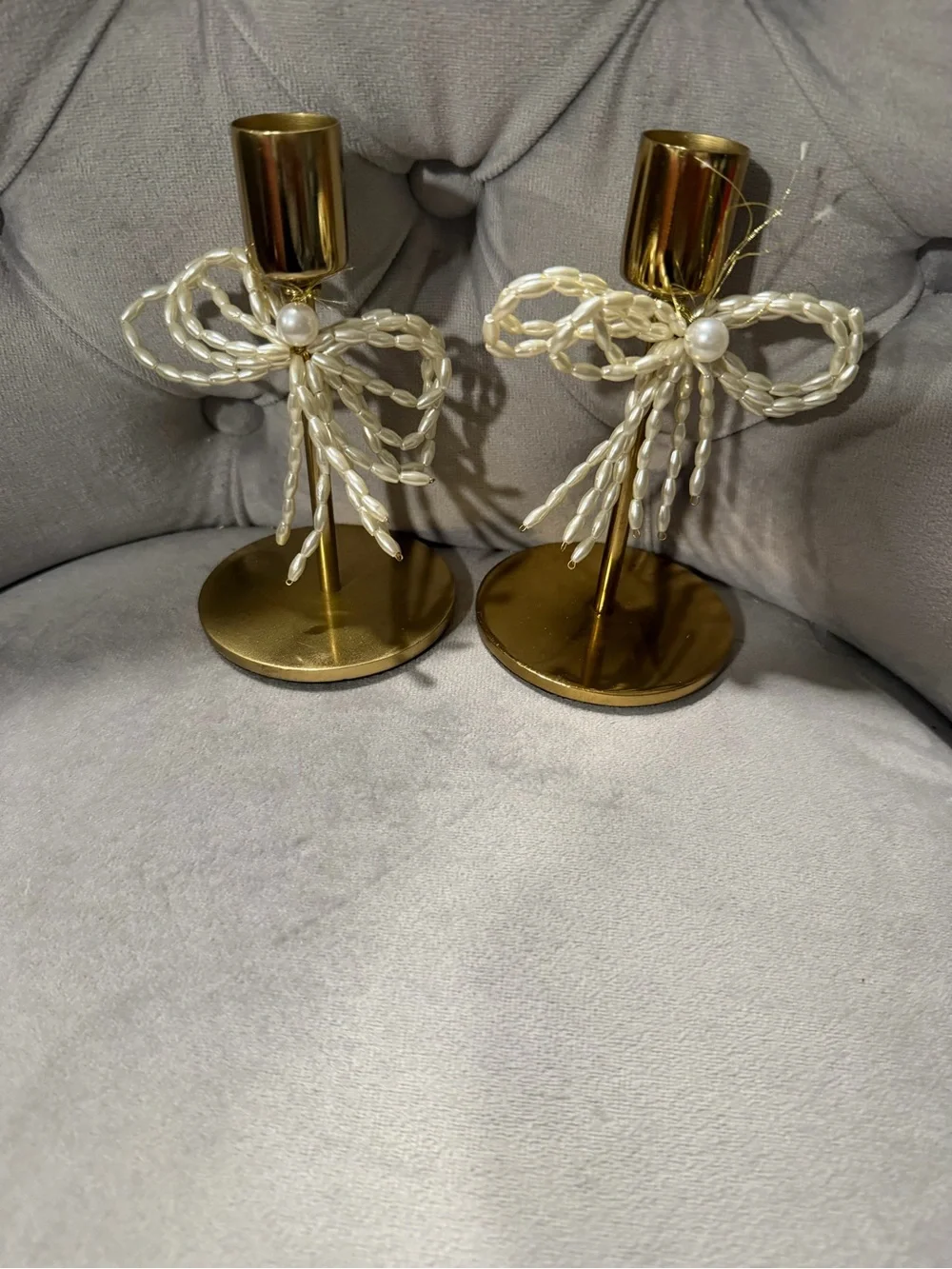 Anthropologie Gold Candlestick Holders with Pearl Bow Accents